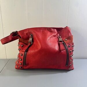 B Makowsky Red Leather Studded Hobo Bag Satchel Leopard Print Lining Gunmetal